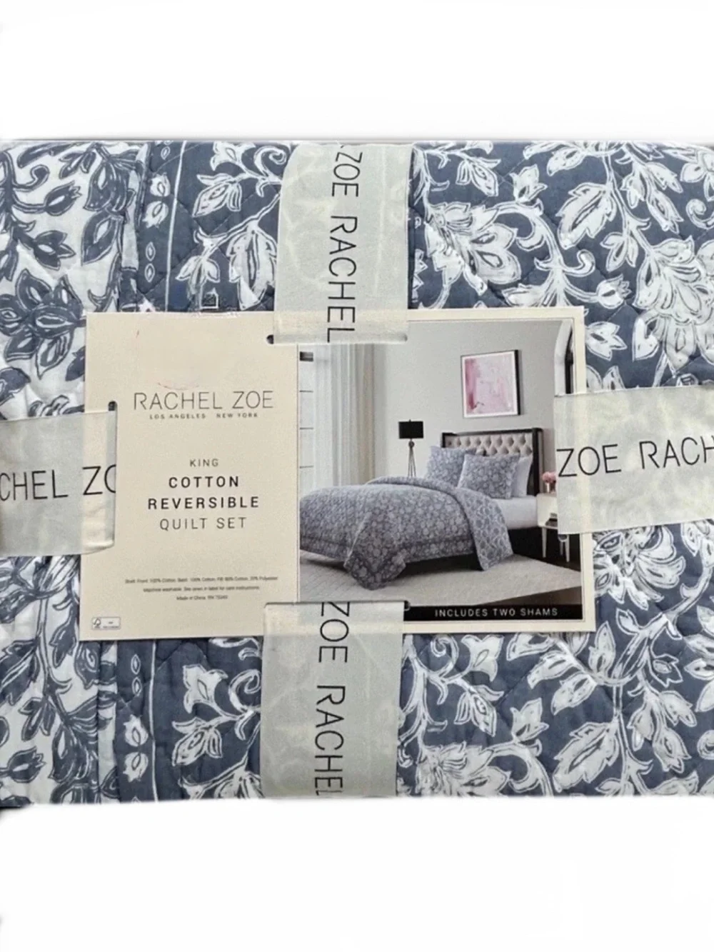 Rachel Zoe Blue and White King Cotton Reversible Quilt Set 106”x92”